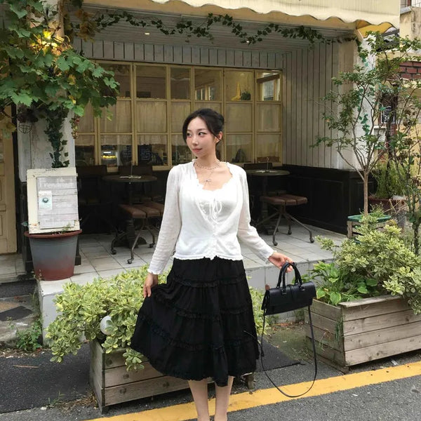 Loose-fit Frill Shirred Tiered Flare A-line Midi Skirt