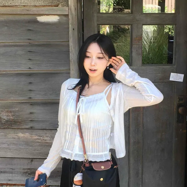 Slim-fit Striped Perforated Button-down Long-sleeve Cardigan
