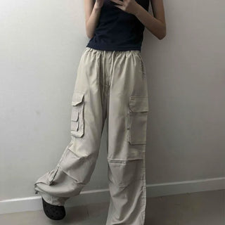 Shirred String Cargo Pocket Flap Pocket Oversized Wide Cargo Long Pants