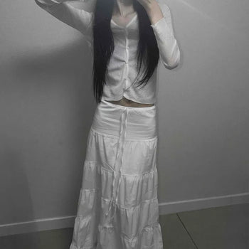 Frill Shirred String Flare Tiered Loose Fit Long Skirt