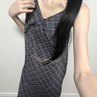 Frill Strap Check Loose Fit Sleeveless Mini Dress