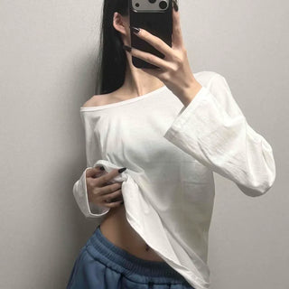 Off-shoulder Loose Fit Plain H-Line Long Sleeve T-shirt