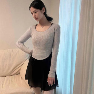 Shirred Slim Fit Plain Long Sleeve H-Line T-shirt