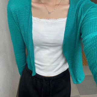 String Plain Open-Front Loose Fit Long Sleeve Cardigan