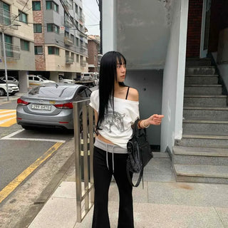 Loose Fit Contrast Drawstring Flare Bootcut Long Pants