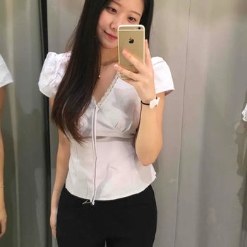 Ribbon String Cut-out Strap Cap Sleeve Blouse