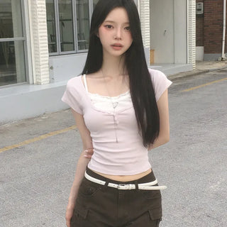 Deep U-neck Ribbed Button Slim Fit Crop Short Sleeve T-shirt