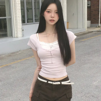 Deep U-neck Ribbed Button Slim Fit Crop Short Sleeve T-shirt