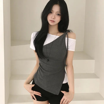 One-piece One-Off Shoulder Asymmetrical Diagonal Strap Slit Ribbed Slim Fit Layered Short Sleeve T-shirt