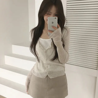 Must-have One-piece Layered Ribbed U-Neck Delicate Fit Long Sleeve Linen Knit Cardigan