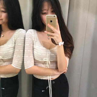 Ribbon Button See-through String Flower Slim Fit Short Sleeve T-shirt