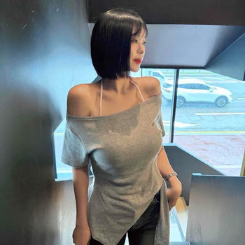 Slit Shoulder Asymmetrical Oversized Plain Short Sleeve T-shirt