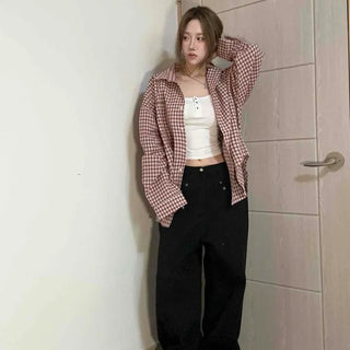 Flap Pocket Button-Down Oversized Check Long Sleeve Shirt
