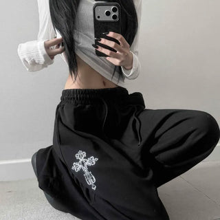 Shirred String Graphic Wide Loose Fit Long Pants