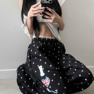 Lettering Print Shirred String Flap Pocket Loose Fit Wide Training Bottoms