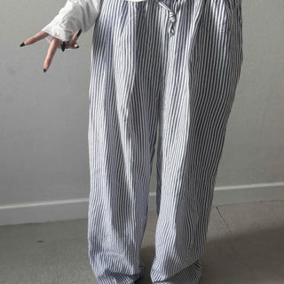 Shirred String Stripe Loose Fit Wide Long Pants