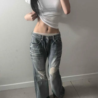 Washed Cut-out Wide Loose Fit Long Pants