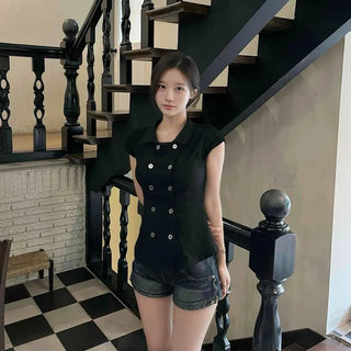 Button Cut Cap Sleeve Slim Fit X-Line Shirt