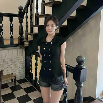Button Cut Cap Sleeve Slim Fit X-Line Shirt
