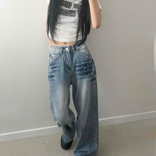 Washed Studded Eyelet Zipper Button Loose Fit Wide Long Pants