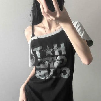 Oversized Loose Fit One-Off Shoulder Star Rivet Part Point Color Block Graphic Short Sleeve T-shirt