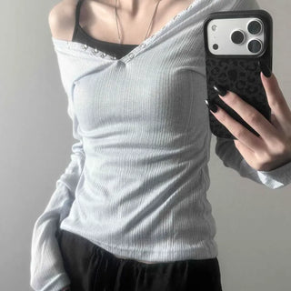 Wenz See-through V-neck Snap Button Long Sleeve T-shirt