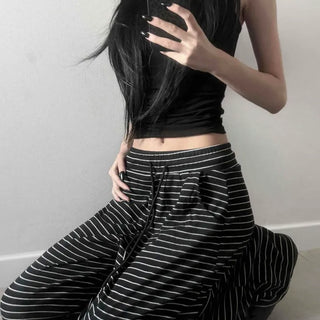 Striped Knit Sweatshirt Loose Fit Wide Big Elastic String Long Pants