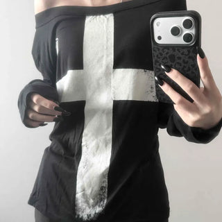 Chic Wing Cross Off-Shoulder Loose Fit Long Sleeve T-shirt