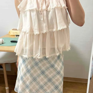 Chiffon Tiered Frill Ribbon Lace Round Neck Sleeveless Blouse