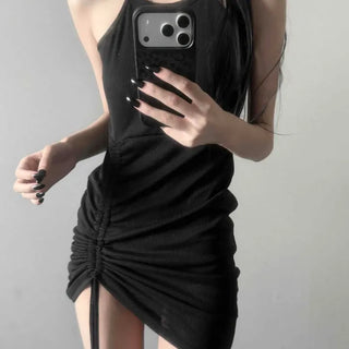 Halter Neck Strap Shirred Ribbed Asymmetrical Slim Fit Mini Dress
