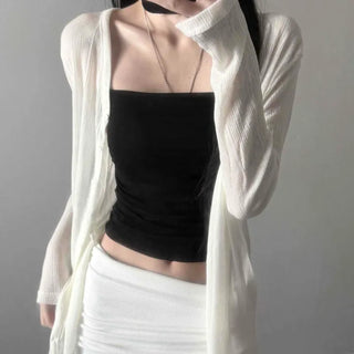 Tencel Ribbed V-Neck See-through Button Loose Fit Long Sleeve Cardigan
