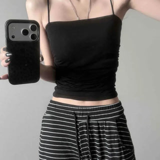 Built-in Cup & Padded Bra Top Square Neck Shirred Cotton Slim Fit Semi-Crop Sleeveless