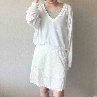 Deep V-Neck Loose Fit Two-Way Off-Shoulder Flowy See-Through Long-Sleeve T-Shirt