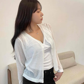 V-Neck See-Through Button Loose Fit Crop Cardigan