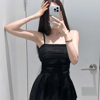 Square Neck Shirred Chiffon Asymmetrical Flare Tie Set Sleeveless