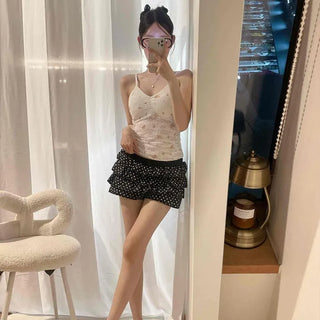 Dot Frill Ribbon Tiered Skirt-Pants Low-Rise Balloon Shorts Set
