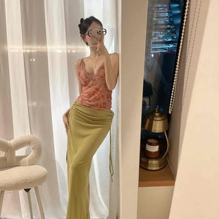 Basil Low Shirred Folding Maxi Long Skirt