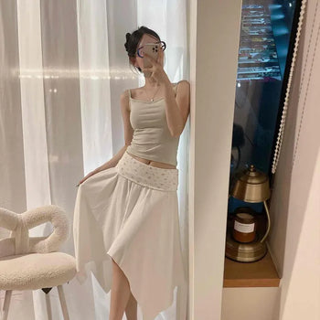 Floral Jacquard Knit Contrast Punching Folding Frill Layered Asymmetrical Elastic Waist Loose Fit Midi Skirt