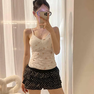 Flower Lace Eyelet Chiffon V-Neck Slim Fit Strappy Sleeveless Top with Built-in Cups