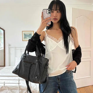 V-Neck Lace Satin Adjustable Strap Slim Fit Sleeveless