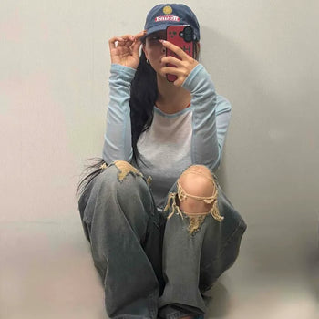 High-Waisted Washed Distressed Knee Cut Oversized Wide Denim Pants