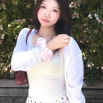 Linen See-through V-Neck Button Elastic Crop Loose Fit Arm Cover Salanta Cardigan