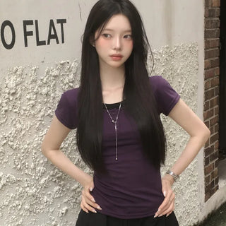 Cool and breezy, One-piece Contrast Layered U-Neck Button Slim Delicate Fit Short Sleeve T-shirt