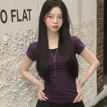 Cool and breezy, One-piece Contrast Layered U-Neck Button Slim Delicate Fit Short Sleeve T-shirt