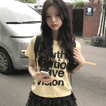Color Masterpiece, Lettering Round Neck Delicate Slim Fit Short Sleeve T-shirt