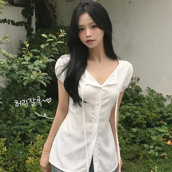Guaranteed Beauty, Yoru Open V-Neck Strap Cinched Waist Back Ribbon Flare Puff Short Sleeve Blouse