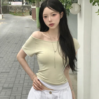 Effortless Chic, U-Neck Raglan One-off Shoulder Color Block Layering Delicate Slim Fit Short Sleeve T-shirt