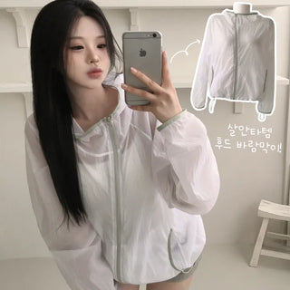 Cute Avant-garde Fit, Diagonal Zipper, Contrast Drawstring, Avant-garde Loose Fit See-through Summer Transitional Hooded Windbreaker Jumper