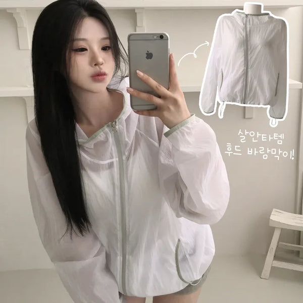 Cute Avant-garde Fit, Diagonal Zipper, Contrast Drawstring, Avant-garde Loose Fit See-through Summer Transitional Hooded Windbreaker Jumper