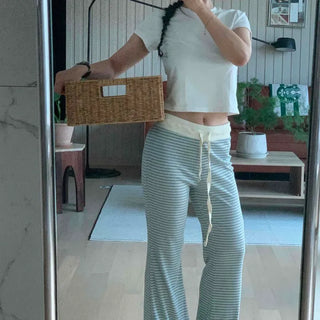 Striped Contrast Drawstring Elastic Loose Fit Low-Rise Wide Beauty Cut Sweatpants